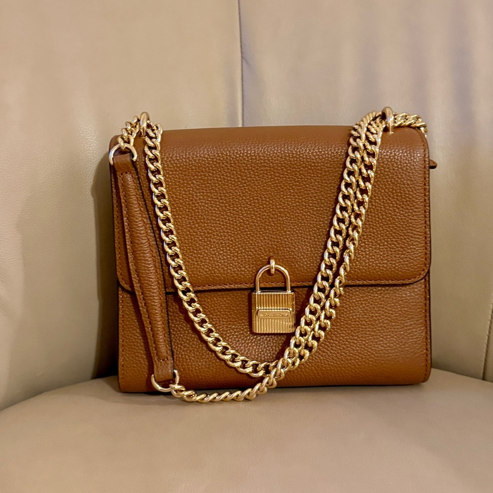 Michael Kors Gold chain Shoulder Mercer Bag Leather in Cognac Brown New - Picture 1 of 10
